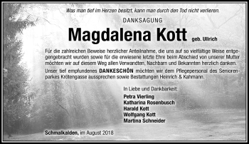 Traueranzeige von Magdalena Kott von Südthüringer Presse