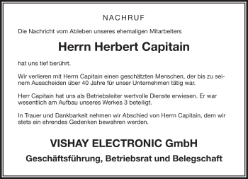 Traueranzeige von Herbert Capitain von Frankenpost