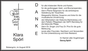 Traueranzeige von Klara Spörl von Frankenpost