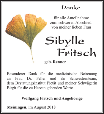 Traueranzeige von Sibylle Fritsch von Südthüringer Presse