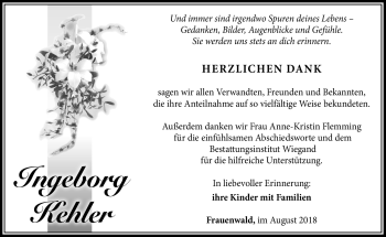 Traueranzeige von Ingeborg Kehler von Südthüringer Presse