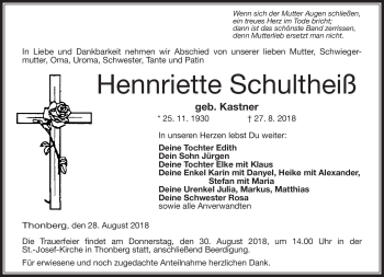 Traueranzeige von Hennriette Schultheiß von Neue Presse Coburg