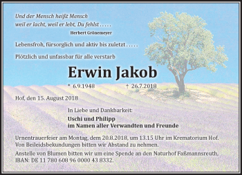 Traueranzeige von Erwin Jakob von Frankenpost