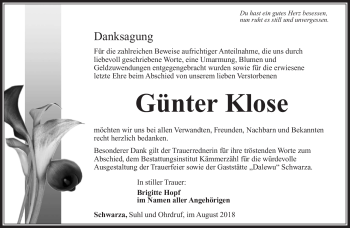 Traueranzeige von Günter Klose von Südthüringer Presse