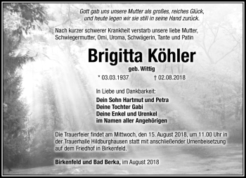 Traueranzeige von Brigitta Köhler von Südthüringer Presse