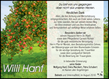 Traueranzeige von Willi Hanf von Südthüringer Presse