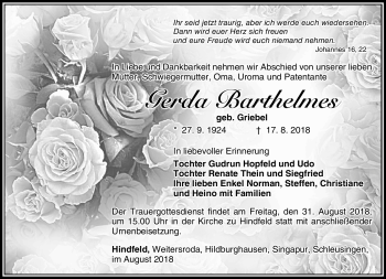 Traueranzeige von Gerda Barthelmes von Südthüringer Presse