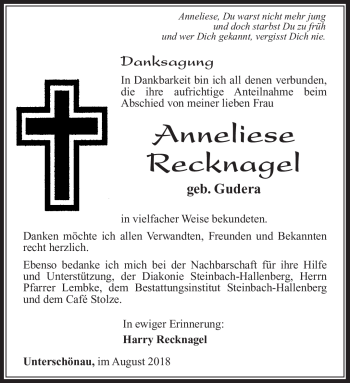 Traueranzeige von Anneliese Recknagel von Südthüringer Presse