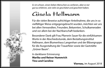 Traueranzeige von Gisela Hellmann von Südthüringer Presse