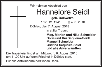Traueranzeige von Hannelore Seidl von Frankenpost