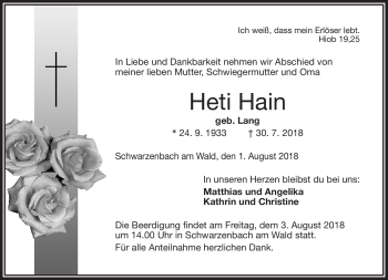 Traueranzeige von Heti Hain von Frankenpost