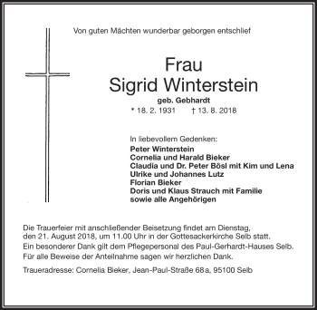 Traueranzeige von Sigrid Winterstein von Frankenpost