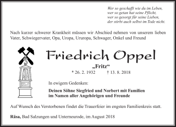 Traueranzeige von Friedrich Oppel von Südthüringer Presse