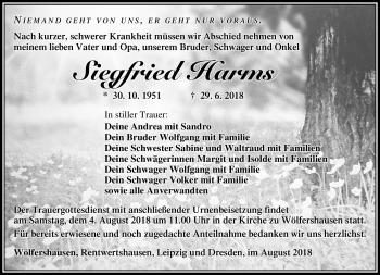 Traueranzeige von Siegfried Harms von Südthüringer Presse