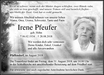 Traueranzeige von Irene Pfeufer von Neue Presse Coburg