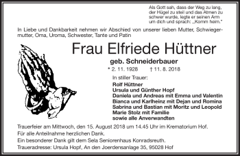 Traueranzeige von Elfriede Hüttner von Frankenpost