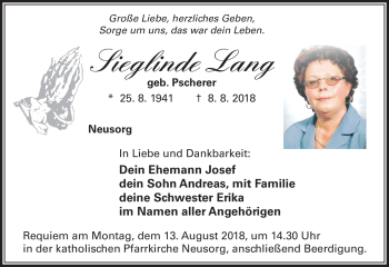 Traueranzeige von Sieglinde Lang von Frankenpost