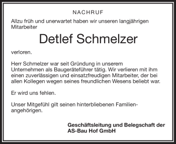 Traueranzeige von Detlef Schmelzer von Frankenpost