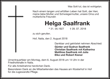 Traueranzeige von Helga Saalfrank von Frankenpost