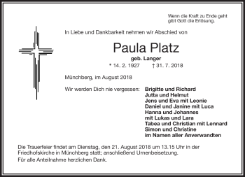 Traueranzeige von Paula Platz von Frankenpost