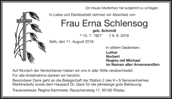 Traueranzeige von Erna Schlensog von Frankenpost