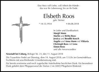 Traueranzeige von Elsbeth Roos von Neue Presse Coburg