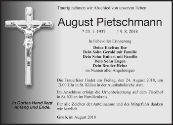 Traueranzeige von August Pietschmann von Südthüringer Presse