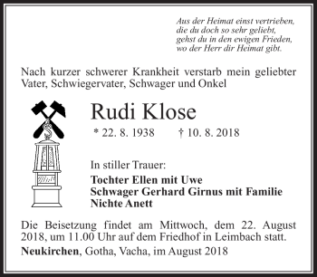Traueranzeige von Rudi Klose von Südthüringer Presse