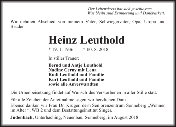Traueranzeige von Heinz Leuthold von Südthüringer Presse