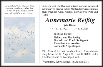 Traueranzeige von Annemarie Reißig von Südthüringer Presse