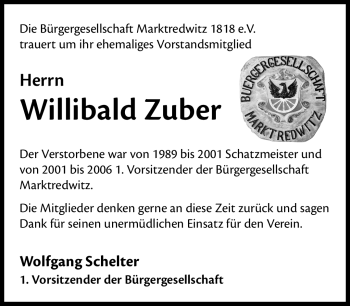 Traueranzeige von Willibald Zuber von Frankenpost