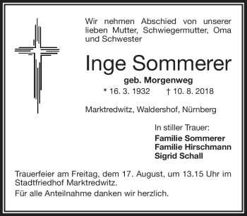 Traueranzeige von Inge Sommerer von Frankenpost