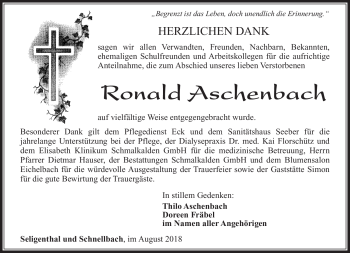 Traueranzeige von Ronald Aschenbach von Südthüringer Presse