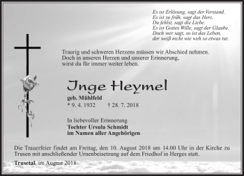Traueranzeige von Inge Heymel von Südthüringer Presse