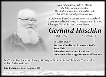 Traueranzeige von Gerhard Hoschka von Südthüringer Presse