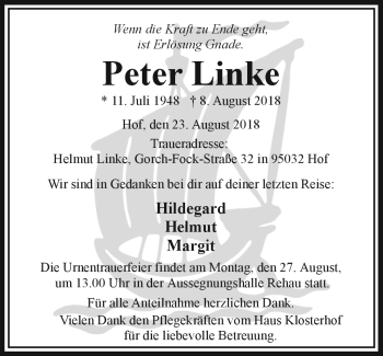 Traueranzeige von Peter Linke von Frankenpost