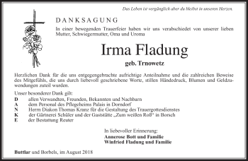Traueranzeige von Irma Fladung von Südthüringer Presse