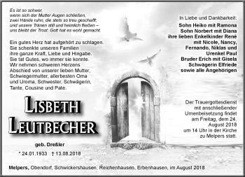 Traueranzeige von Lisbeth Leutbecher von Südthüringer Presse