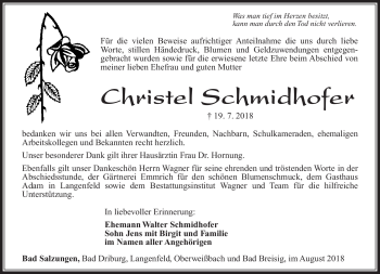 Traueranzeige von Christel Schmidhofer von Südthüringer Presse