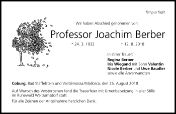 Traueranzeige von Joachim Berber von Neue Presse Coburg