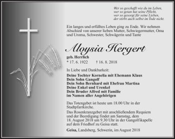 Traueranzeige von Aloysia Hergert von Südthüringer Presse
