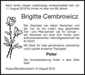 Traueranzeige von Brigitte Cempbrowicz von Neue Presse Coburg