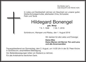 Traueranzeige von Hildegard Bonengel von Frankenpost
