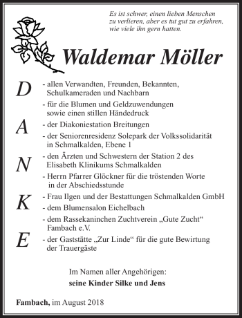 Traueranzeige von Waldemar Möller von Südthüringer Presse