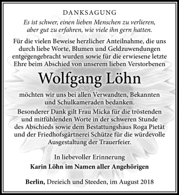 Traueranzeige von Wolfgang Löhn von Südthüringer Presse