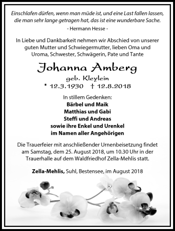 Traueranzeige von Johanna Amberg von Südthüringer Presse