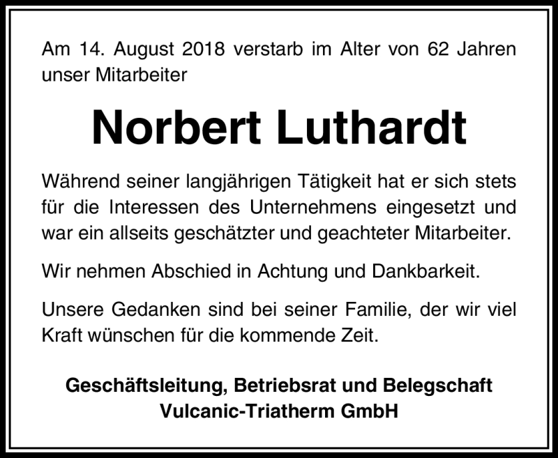  Traueranzeige für Norbert Luthardt vom 25.08.2018 aus Südthüringer Presse