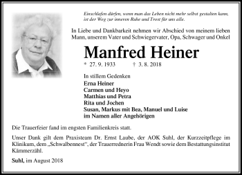 Traueranzeige von Manfred Heiner von Südthüringer Presse