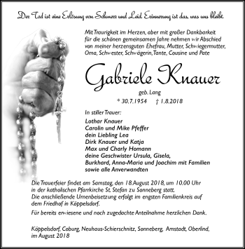 Traueranzeige von Gabriele Knauer von Südthüringer Presse