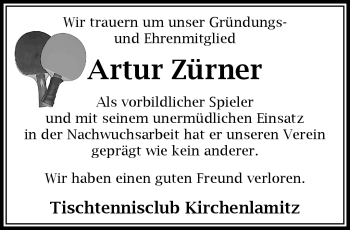 Traueranzeige von Artur Zürner von Frankenpost